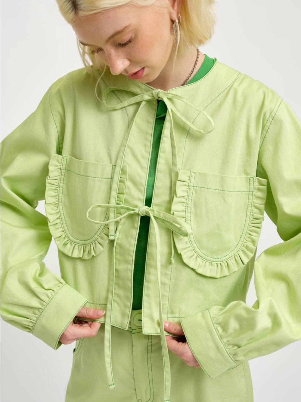 Eliza Faulkner Dahlia Tie Front Jacket Lime Green Ruffle Pocket Cropped Denim